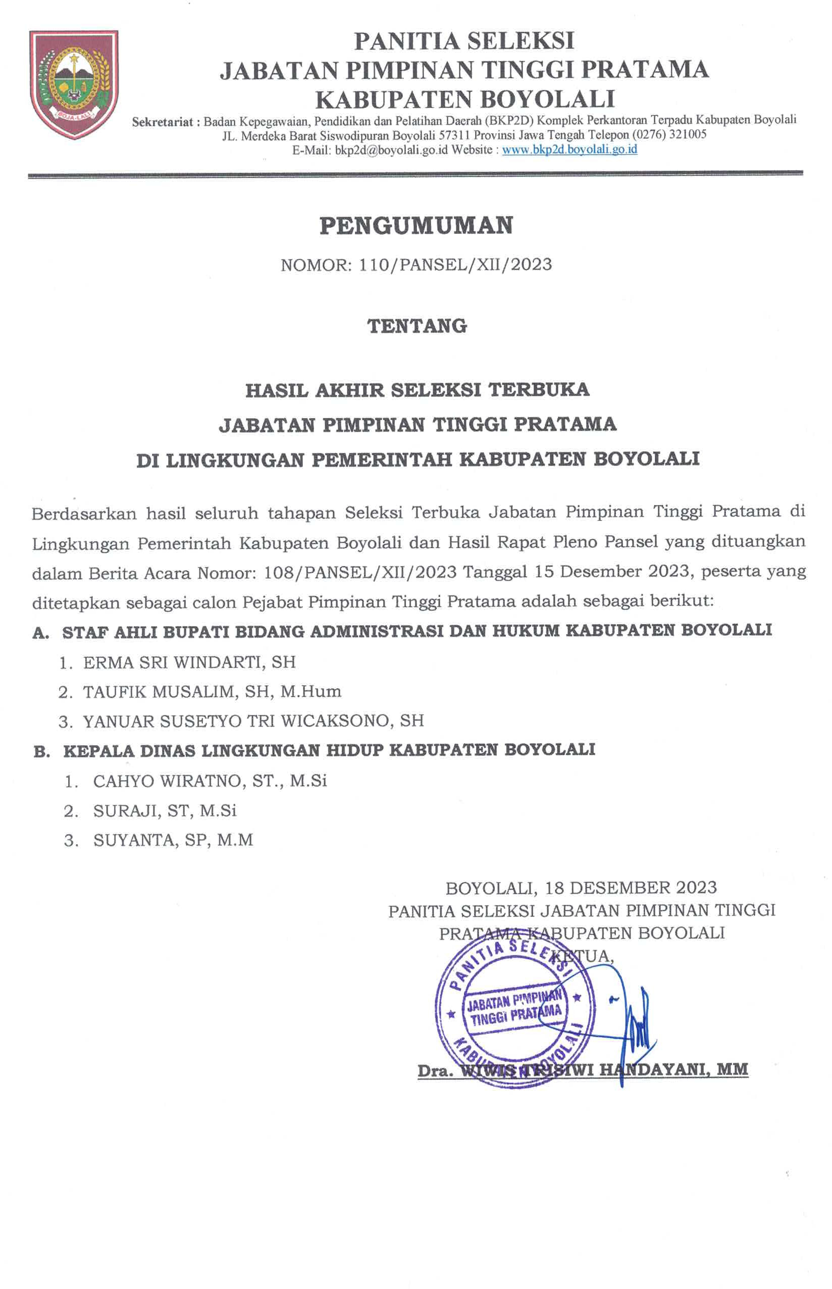 Pengumuman Hasil Akhir Seleksi Terbuka JPT Pratama Kabupaten Boyolali Tahun 2023